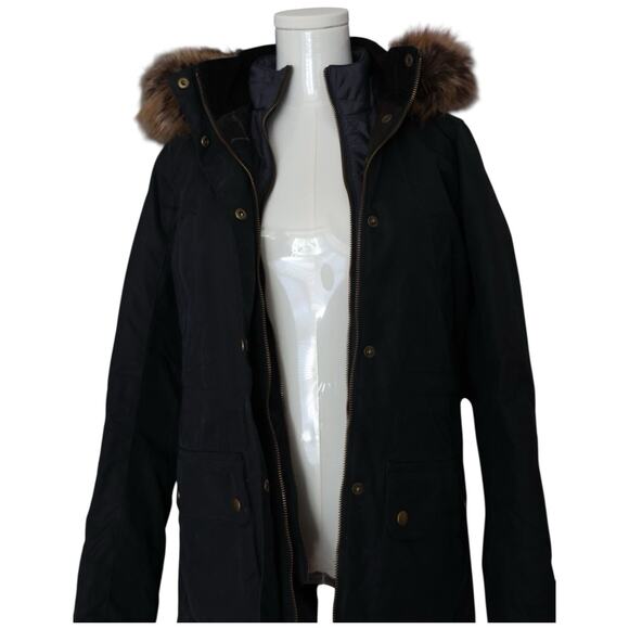 Barbour Thrunton Faux Fur-Trim Waxed Cotton Jacket In Navy Blue Women’s Size 4 - Picture 4 of 13
